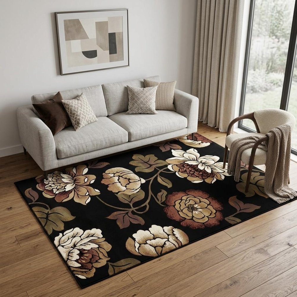 5' X 8' Black Tan And Ivory Floral Area Rug