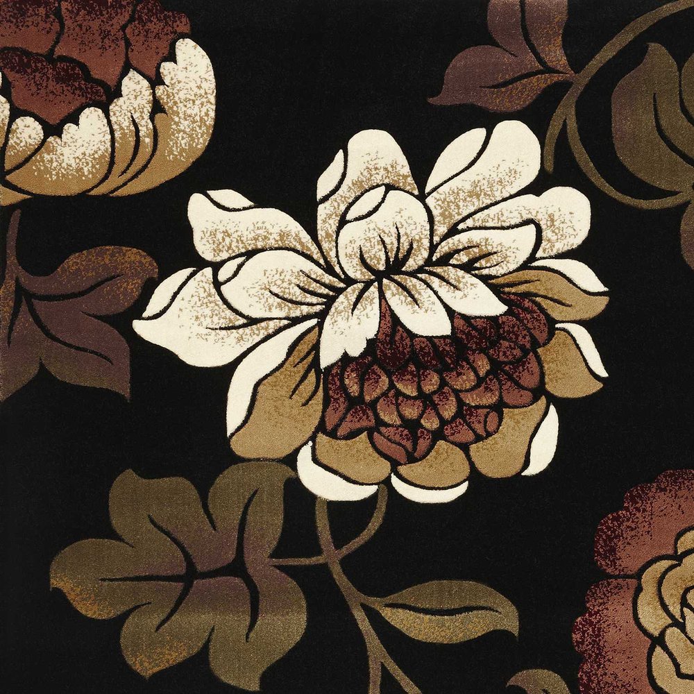 5' X 8' Black Tan And Ivory Floral Area Rug