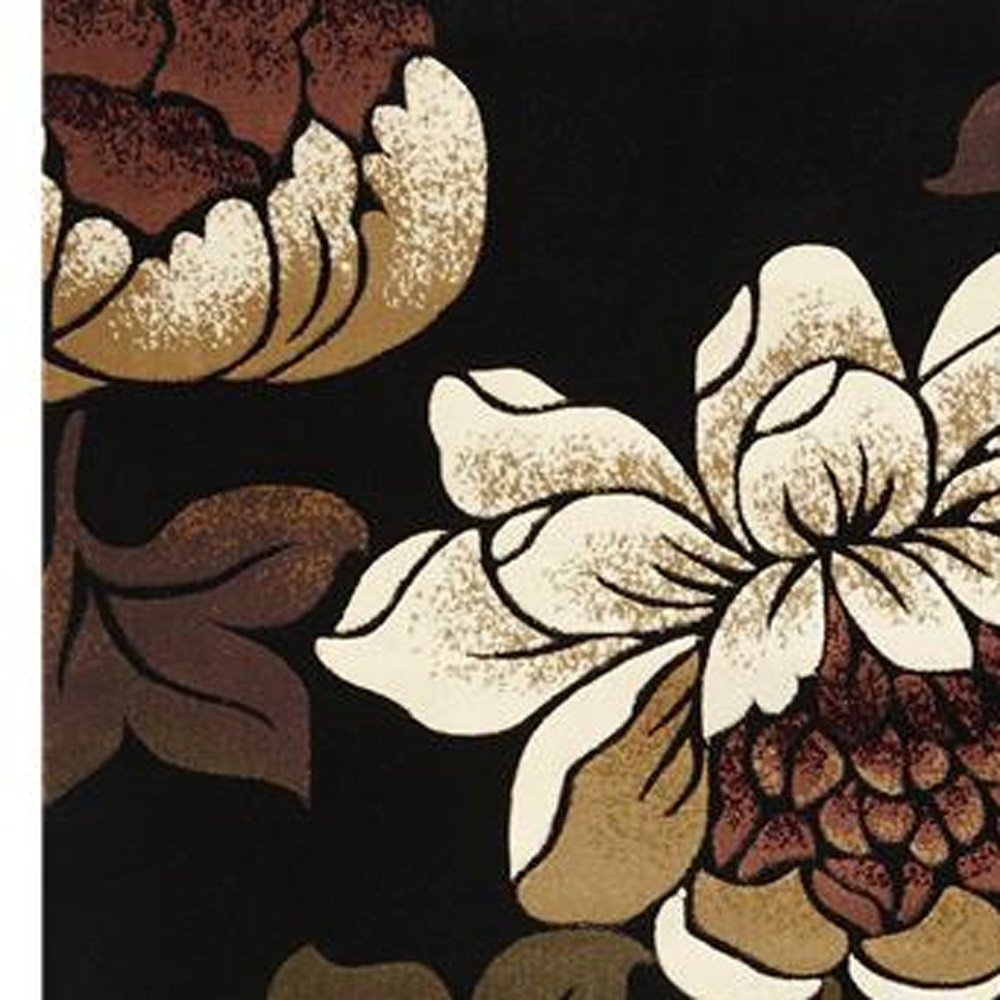 5' X 8' Black Tan And Ivory Floral Area Rug