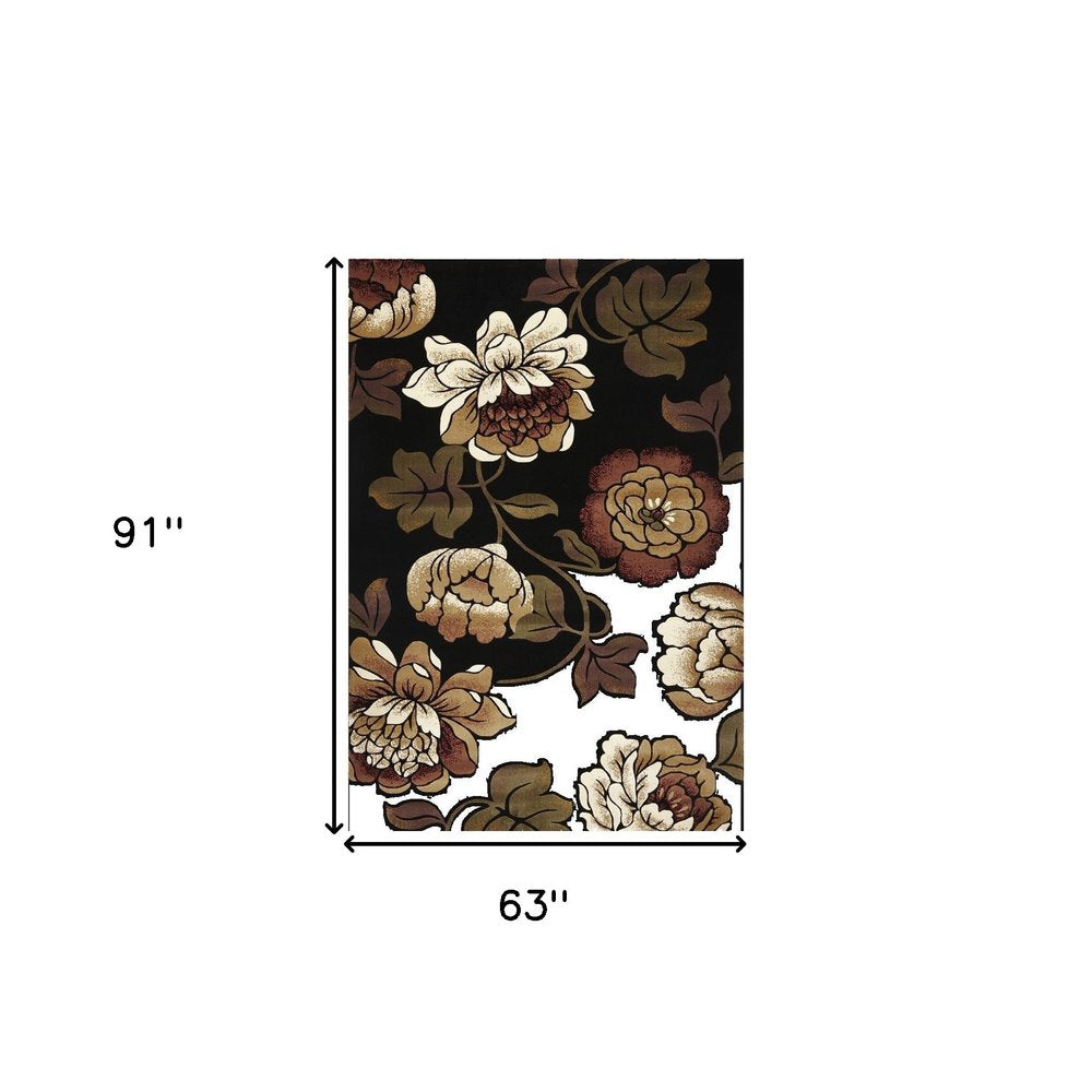 5' X 8' Black Tan And Ivory Floral Area Rug