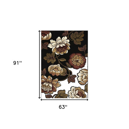 5' X 8' Black Tan And Ivory Floral Area Rug