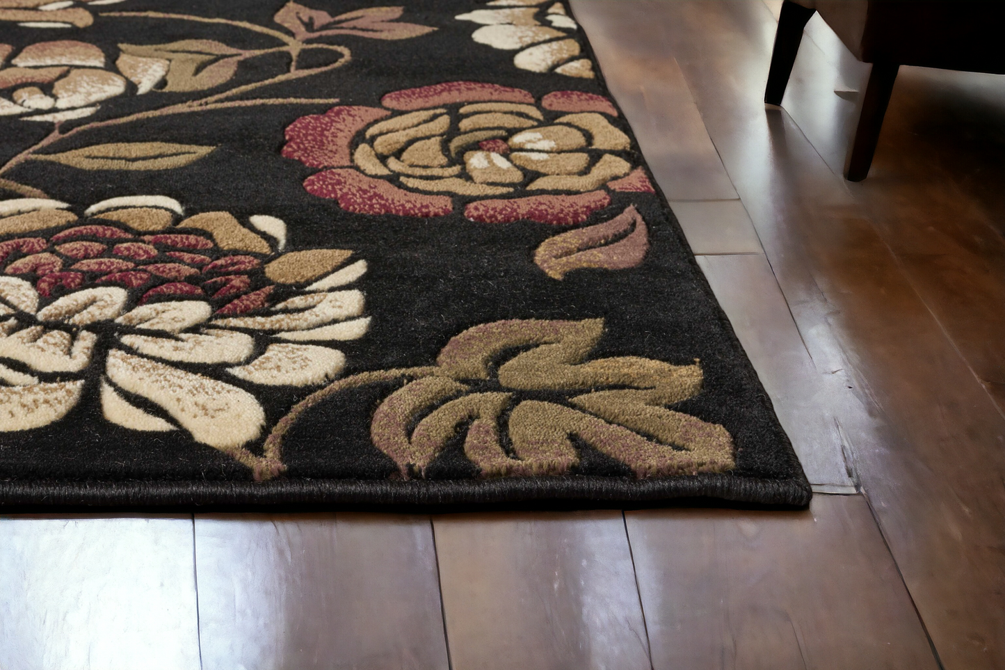 5' X 8' Black and Tan Floral Area Rug