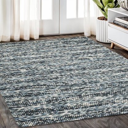 3' X 5' Ivory Blue And Gray Wool Striped Hand Woven Area Rug