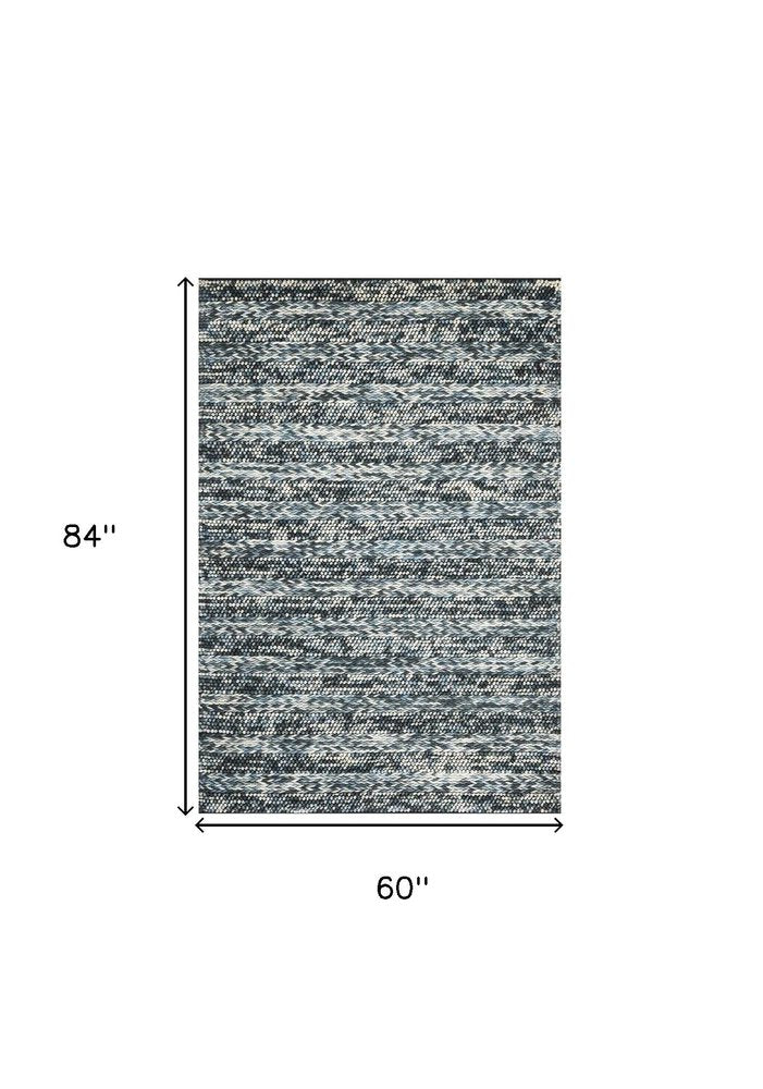 5' X 7' Ivory Blue And Gray Wool Striped Hand Woven Area Rug