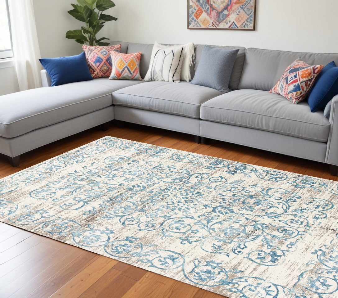 10' X 13' Ivory and Blue Floral Area Rug