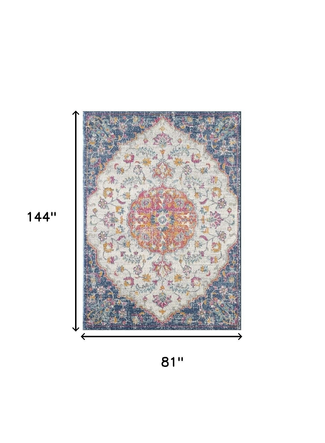 7' X 12' Navy and Ivory Floral Medallion Area Rug