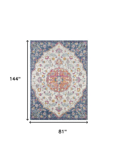 7' X 12' Navy and Ivory Floral Medallion Area Rug