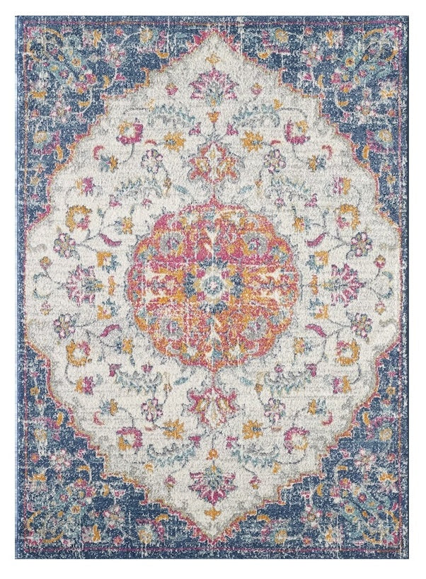 7' X 12' Navy and Ivory Floral Medallion Area Rug