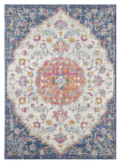 7' X 12' Navy and Ivory Floral Medallion Area Rug