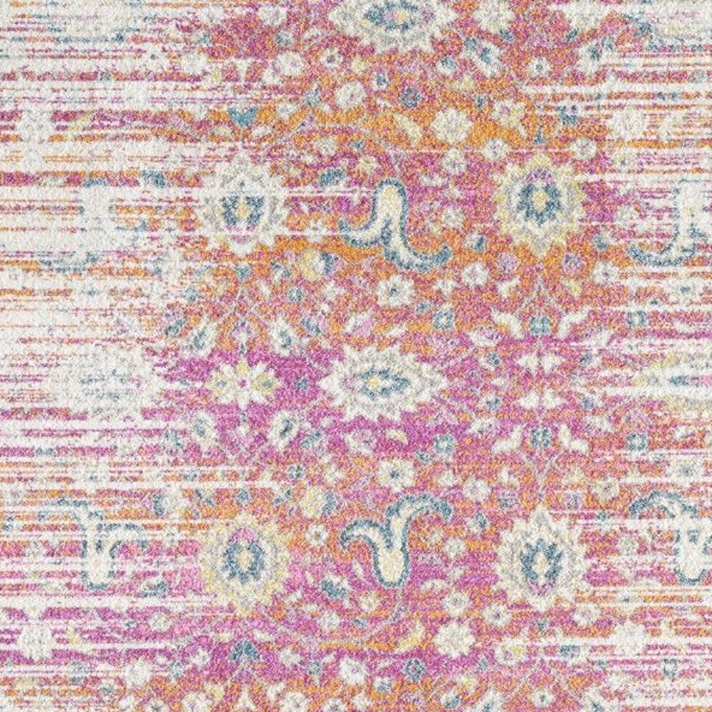 7' Ivory Pink and Orange Floral Area Rug