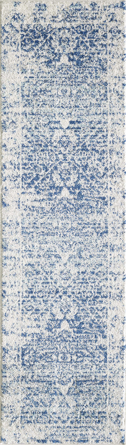 7' Ivory Blue Machine Woven Distressed Medallion Indoor Runner Rug