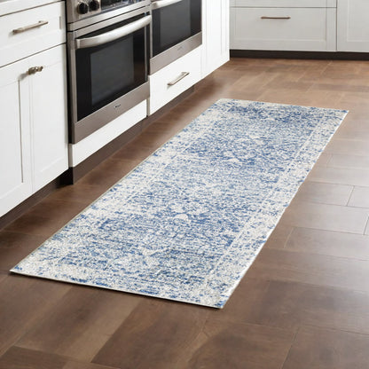 7' Ivory Blue Machine Woven Distressed Medallion Indoor Runner Rug