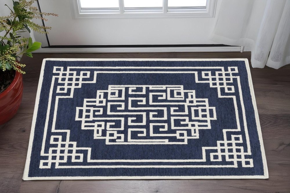 3' X 5' Navy Blue And Ivory Wool Geometric Hand Tufted Area Rug