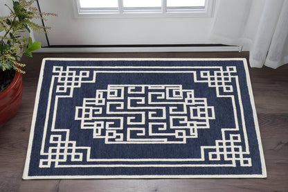3' X 5' Navy Blue And Ivory Wool Geometric Hand Tufted Area Rug
