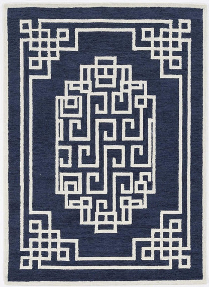 5' X 7' Navy Blue And Ivory Wool Geometric Hand Tufted Area Rug