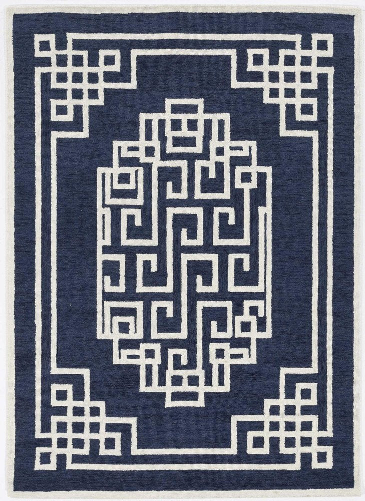 3' X 5' Navy Blue And Ivory Wool Geometric Hand Tufted Area Rug
