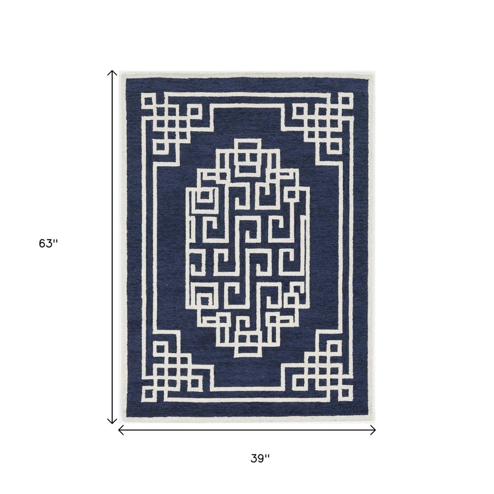 8' X 10' Navy Blue And Ivory Wool Geometric Hand Tufted Area Rug