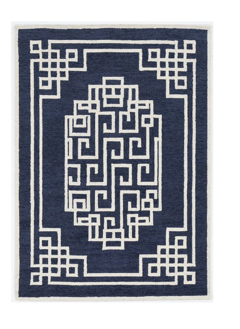 8' X 10' Navy Blue Ivory Hand Tufted Greek Key Medallion Indoor Area Rug