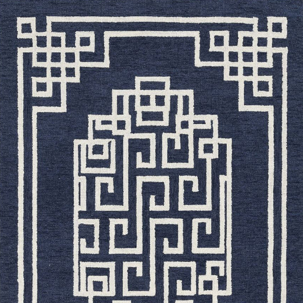 8' X 10' Navy Blue Ivory Hand Tufted Greek Key Medallion Indoor Area Rug