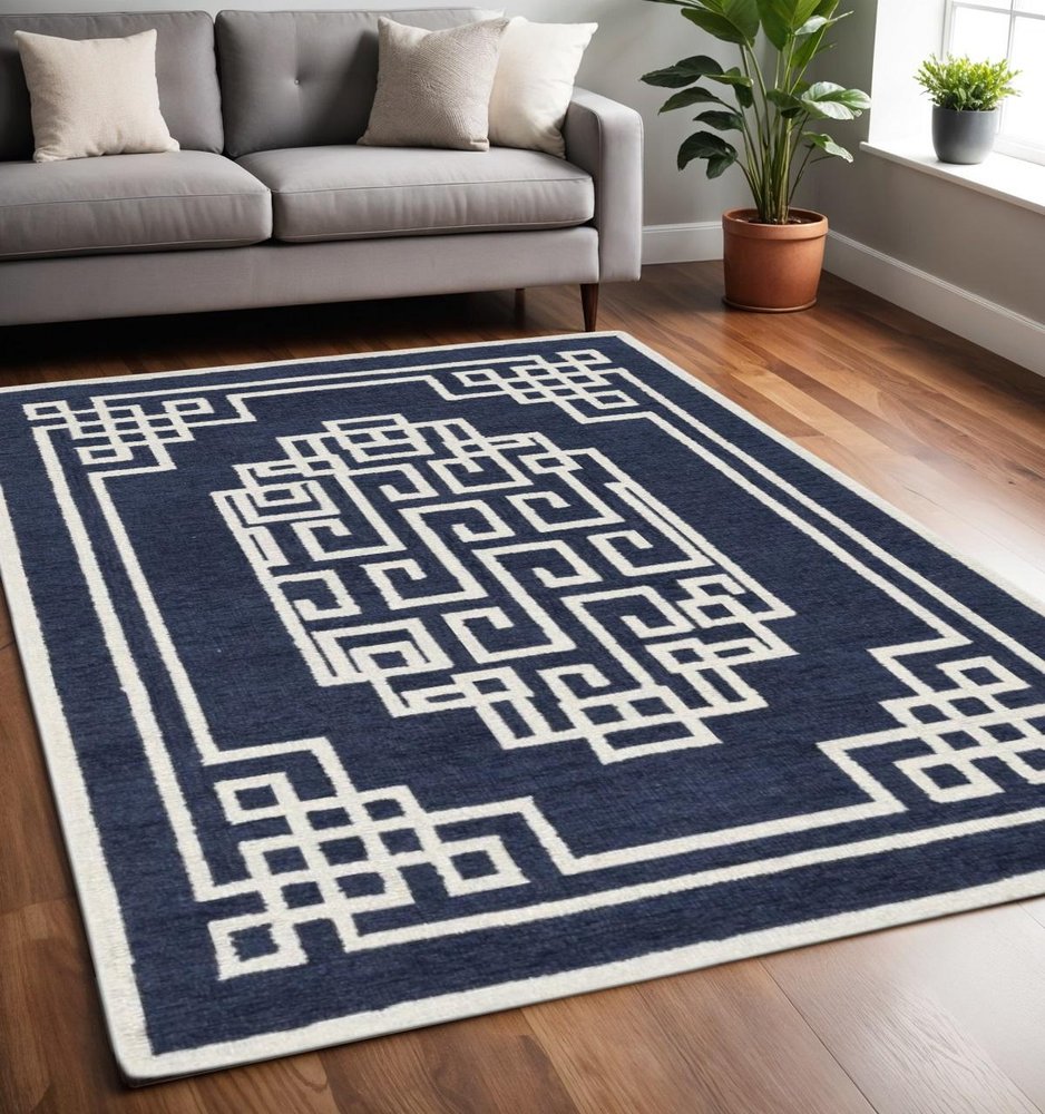 8' X 10' Navy Blue And Ivory Wool Geometric Hand Tufted Area Rug