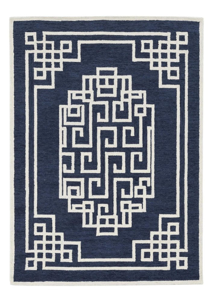 8' X 10' Navy Blue And Ivory Wool Geometric Hand Tufted Area Rug