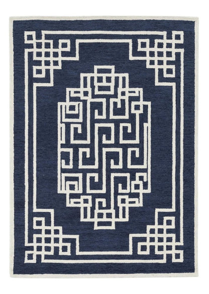 5' X 7' Navy Blue And Ivory Wool Geometric Hand Tufted Area Rug