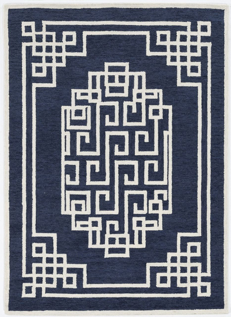 8' X 10' Navy Blue Ivory Hand Tufted Greek Key Medallion Indoor Area Rug