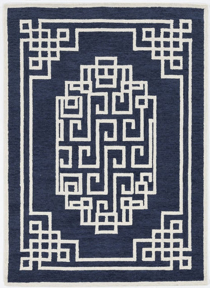 8' X 10' Navy Blue Ivory Hand Tufted Greek Key Medallion Indoor Area Rug