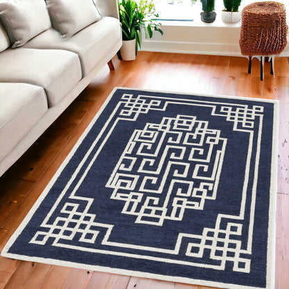 8' X 10' Navy Blue Ivory Hand Tufted Greek Key Medallion Indoor Area Rug