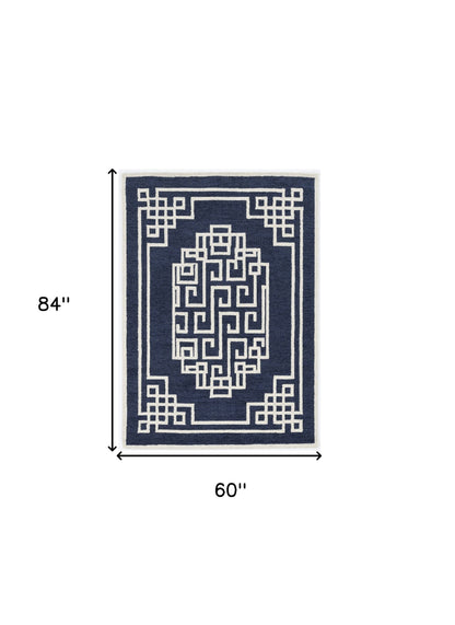 8' X 10' Navy Blue Ivory Hand Tufted Greek Key Medallion Indoor Area Rug