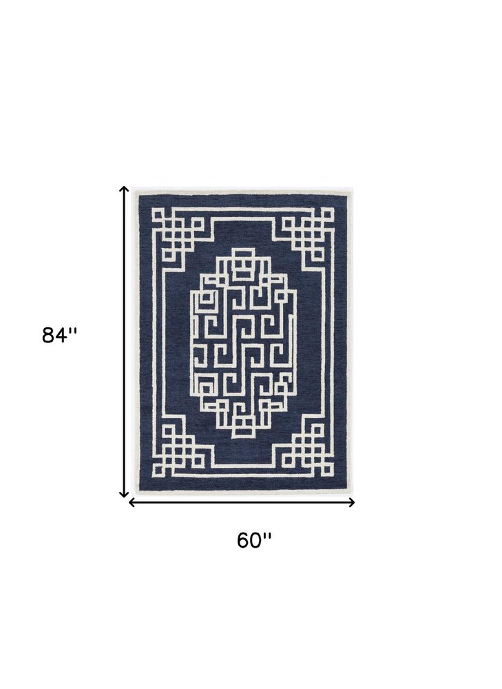 8' X 10' Navy Blue And Ivory Wool Geometric Hand Tufted Area Rug