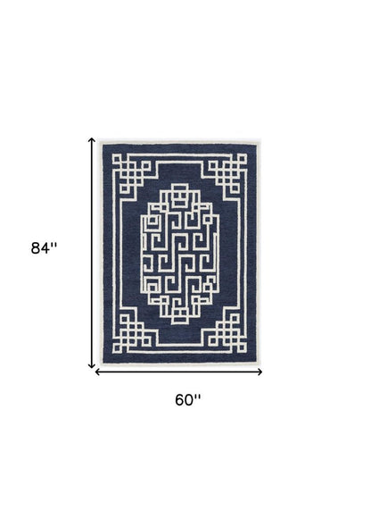 8' X 10' Navy Blue And Ivory Wool Geometric Hand Tufted Area Rug