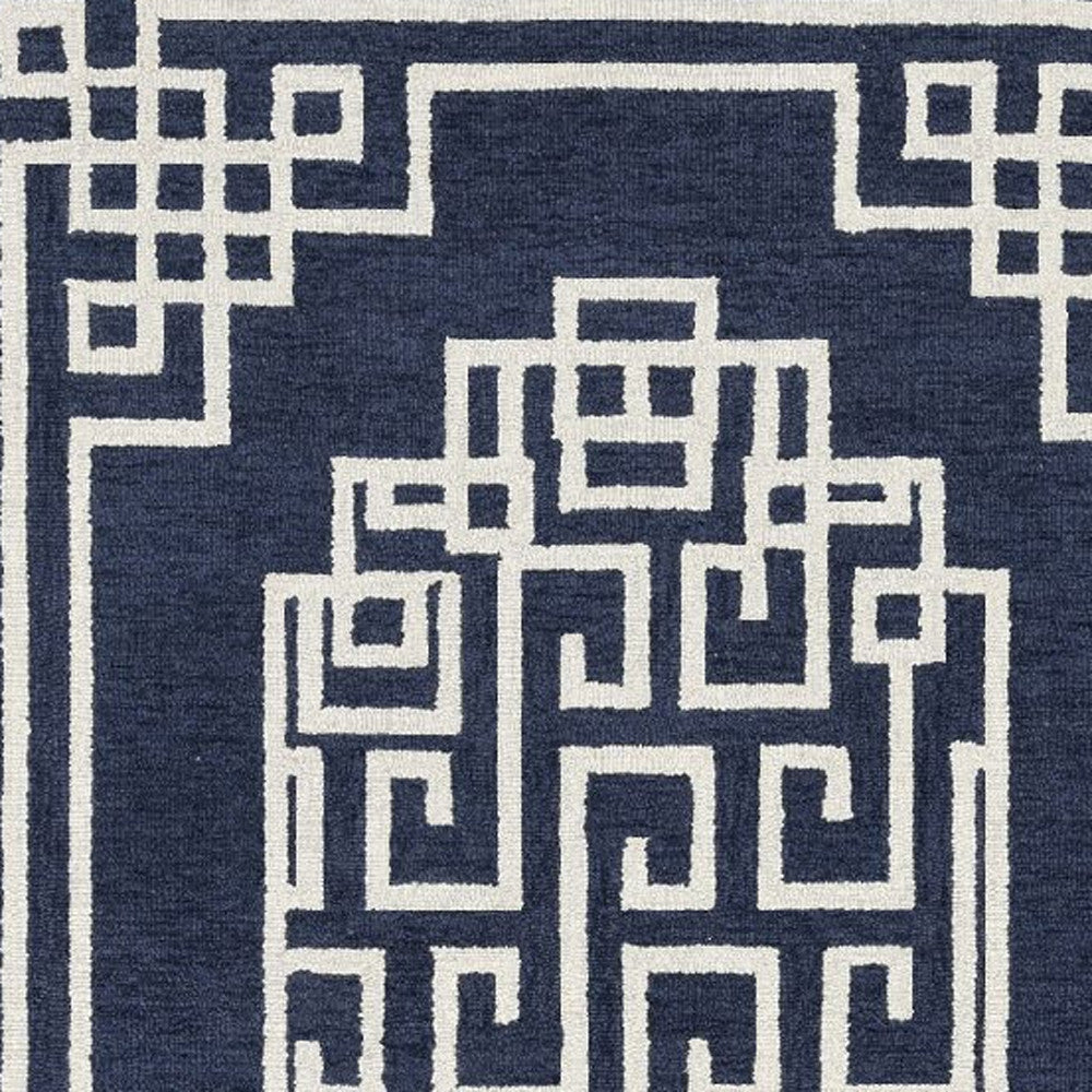 8' X 10' Navy Blue Ivory Hand Tufted Greek Key Medallion Indoor Area Rug