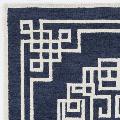 8' X 10' Navy Blue Ivory Hand Tufted Greek Key Medallion Indoor Area Rug