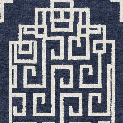 8' X 10' Navy Blue Ivory Hand Tufted Greek Key Medallion Indoor Area Rug