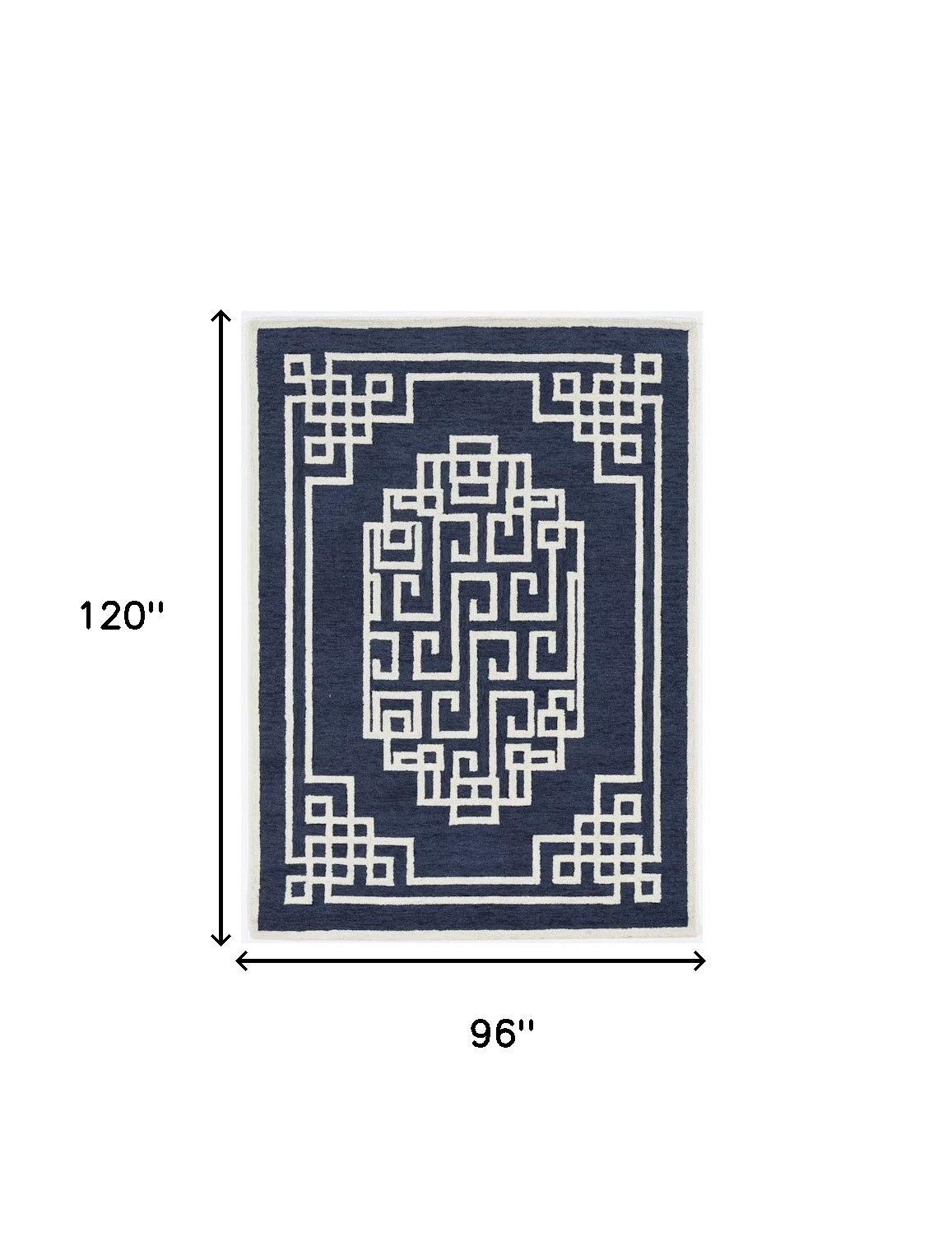 8' X 10' Navy Blue Ivory Hand Tufted Greek Key Medallion Indoor Area Rug