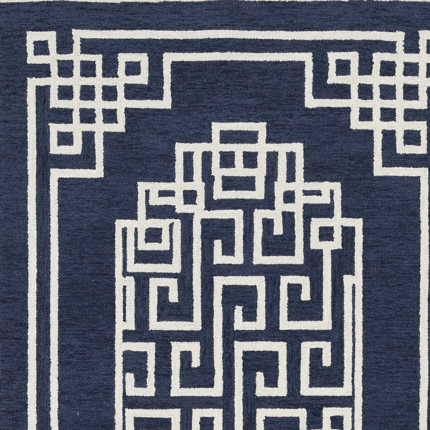 8' X 10' Navy Blue Ivory Hand Tufted Greek Key Medallion Indoor Area Rug