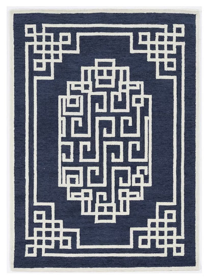 8' X 10' Navy Blue Ivory Hand Tufted Greek Key Medallion Indoor Area Rug