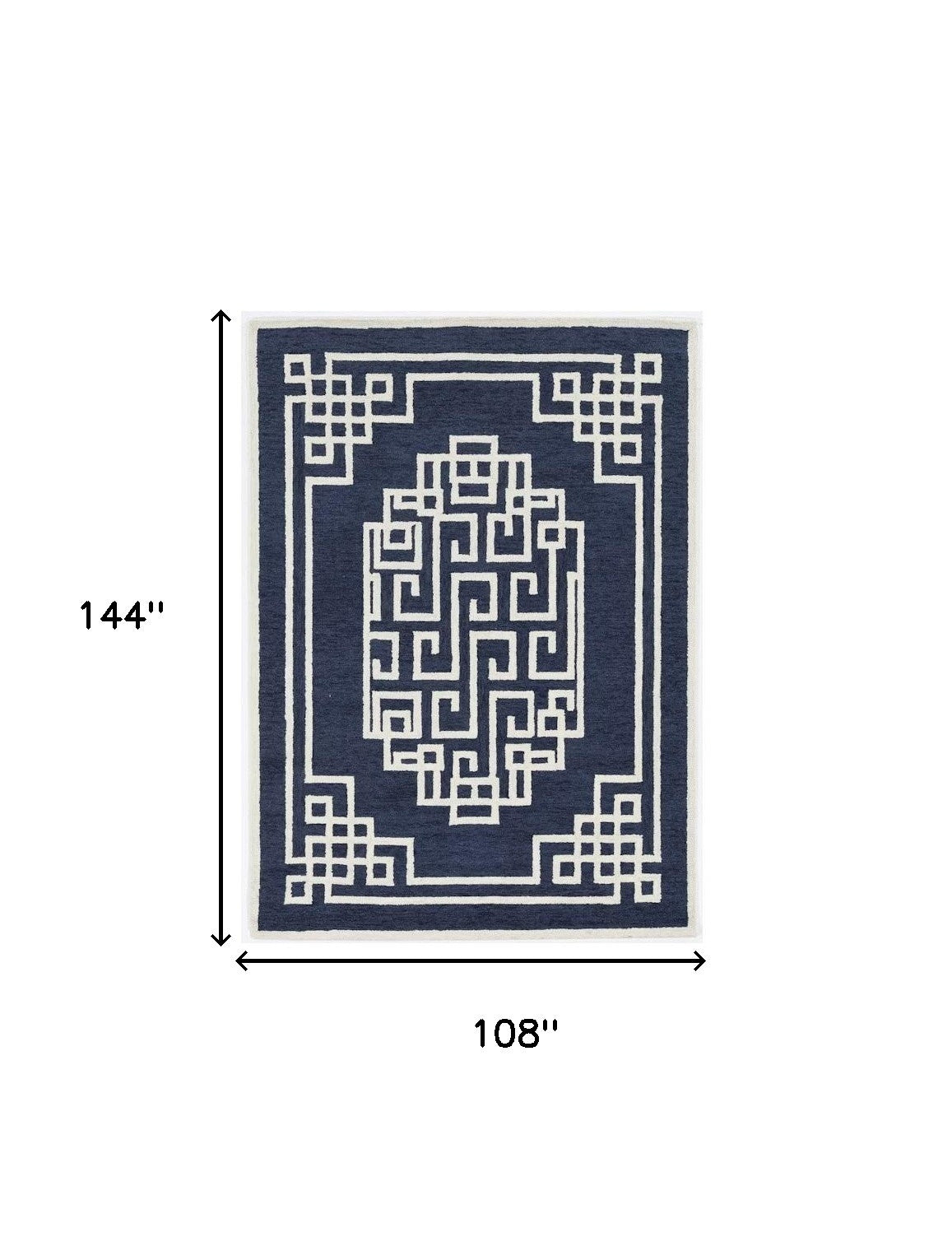 8' X 10' Navy Blue Ivory Hand Tufted Greek Key Medallion Indoor Area Rug