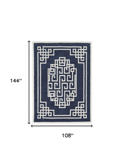 8' X 10' Navy Blue Ivory Hand Tufted Greek Key Medallion Indoor Area Rug