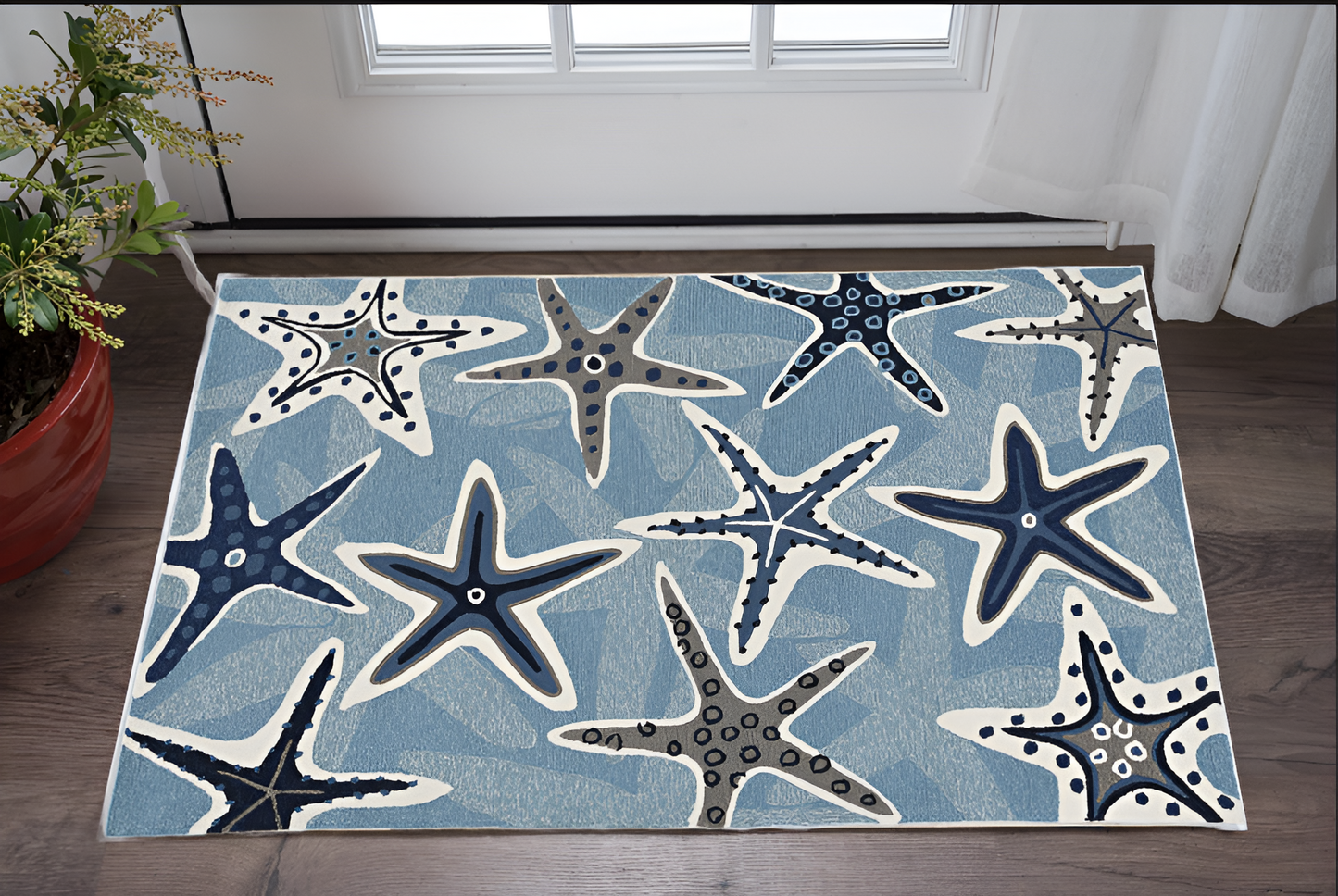 2' X 3' Blue Starfish Hand Tufted Area Rug