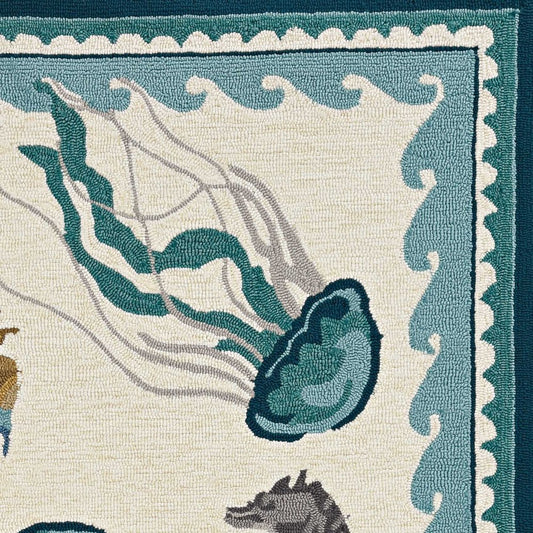 8' X 10' Teal Blue Round Abstract Indoor Outdoor Area Rug