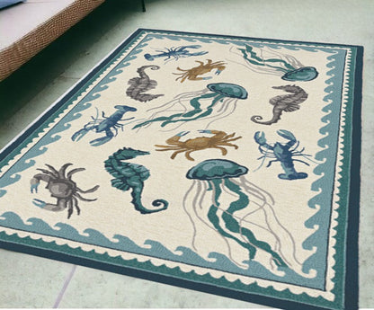 5' X 8' Teal Blue Round Abstract Indoor Outdoor Area Rug