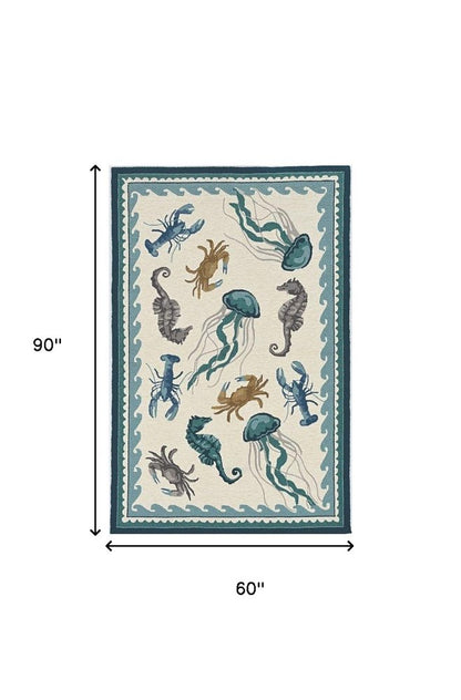 5' X 8' Teal Blue Round Abstract Indoor Outdoor Area Rug