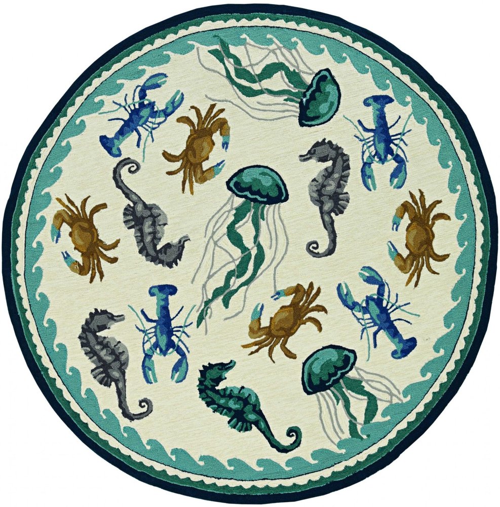 8' Ivory And Teal Blue Round Seashell Handmade Indoor Outdoor Area Rug
