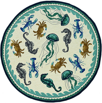 8' Ivory And Teal Blue Round Seashell Handmade Indoor Outdoor Area Rug