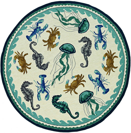 8' Ivory And Teal Blue Round Seashell Handmade Indoor Outdoor Area Rug