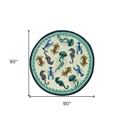 8' Ivory And Teal Blue Round Seashell Handmade Indoor Outdoor Area Rug