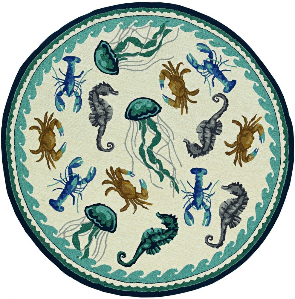 8' Ivory And Teal Blue Round Seashell Handmade Indoor Outdoor Area Rug