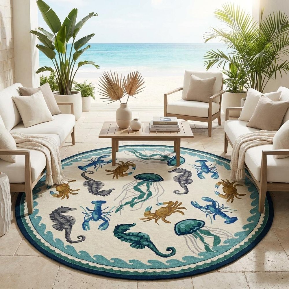 8' Ivory And Teal Blue Round Seashell Handmade Indoor Outdoor Area Rug